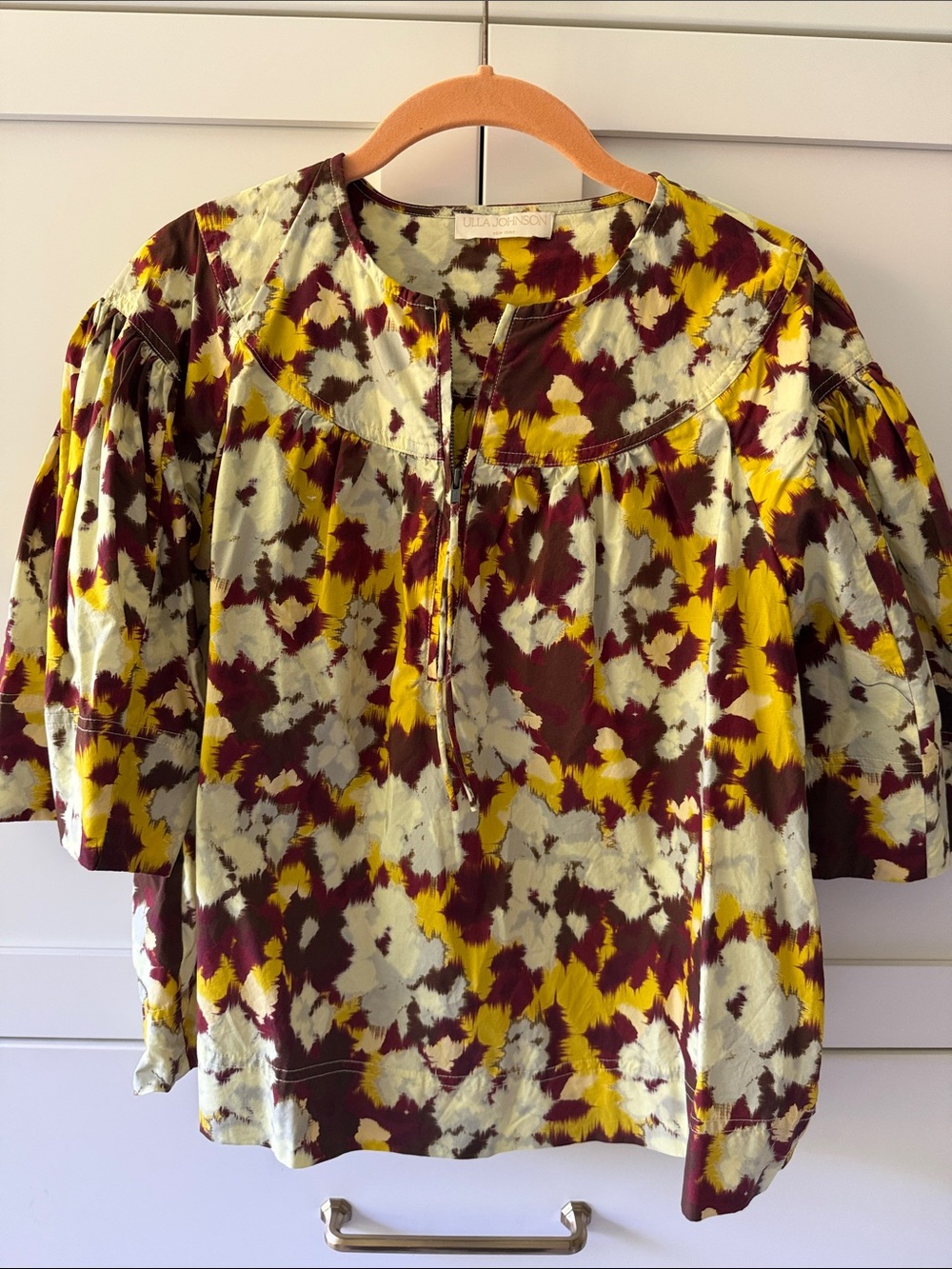 Ulla Johnson Multicolor Floral Peasant Blouse - Yellow, Burgundy & Cream